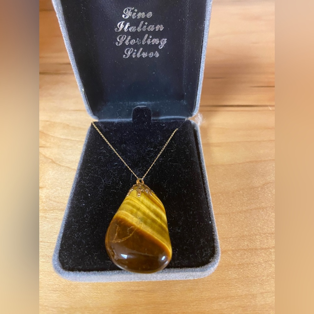 VINTAGE TIGER EYE STONE WITH 14KT GOLD CHAIN CUSTOM MADE NECKLACE